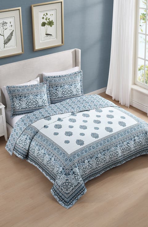 Aquamarine Medallion Cotton Reversible Quilted Coverlet Set