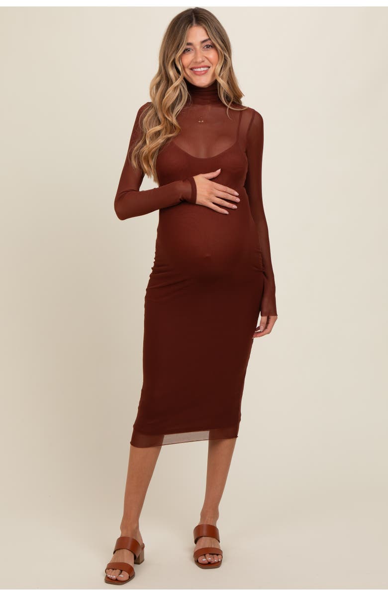 PinkBlush Mesh Overlay Fitted Midi Dress, Main, color, Brown