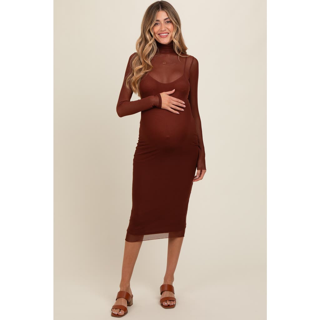 Pinkblush Mesh Overlay Fitted Midi Dress In Brown