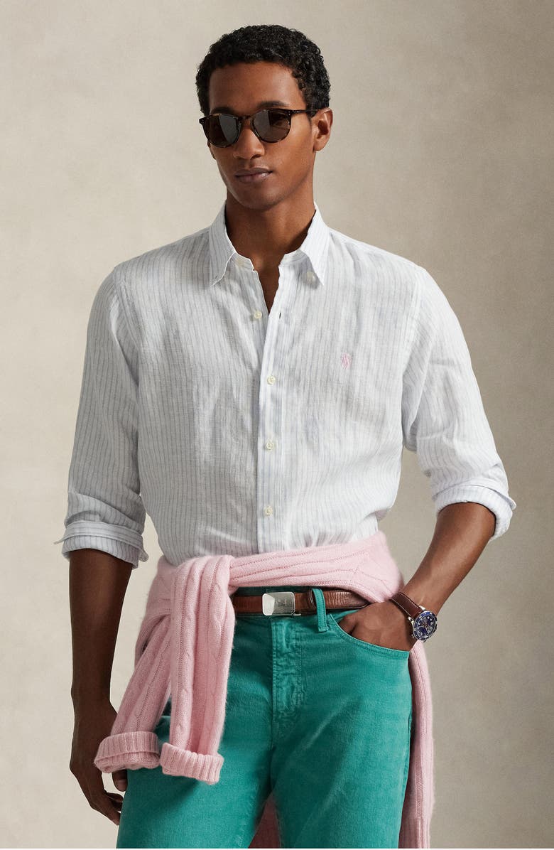 Polo Ralph Lauren Classic Fit Stripe Linen Button-Down Shirt, Alternate, color, White Blue