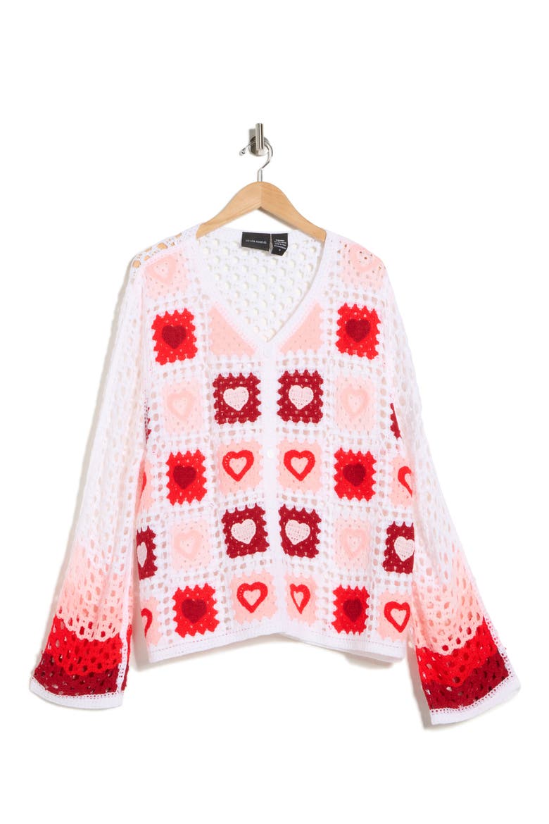 Crochet Granny Square Cardigan Sweater, Alternate, color, WHITE/ PINK