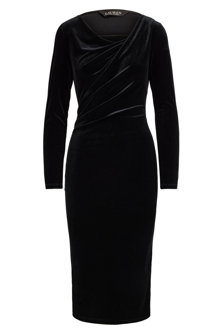 Draped Neck Long Sleeve Velvet Sheath Dress, Alternate, color, BLACK VELVET