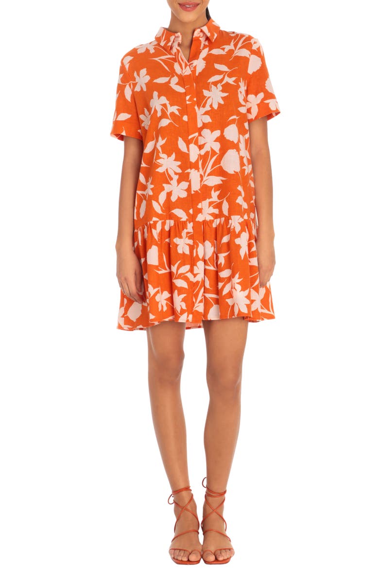 Donna Morgan Floral Short Sleeve Ruffled Linen Blend Shirt Dress, Main, color, 