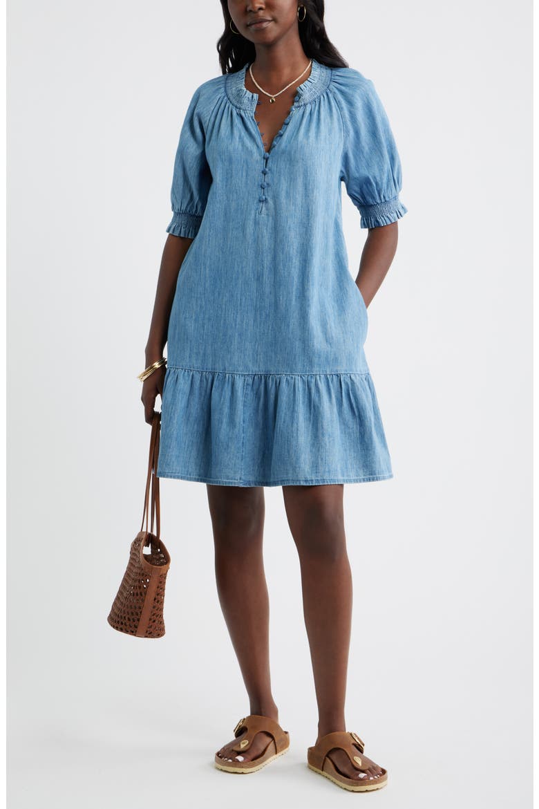 Chambray Puff Sleeve Shift Dress, Alternate, color, MEDIUM WASH