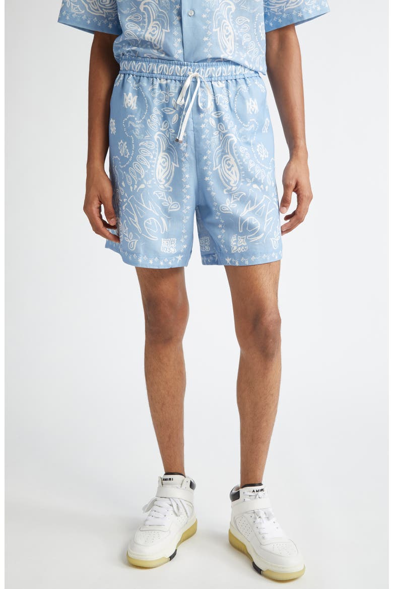Watercolor Bandana Linen & Cotton Shorts, Main, color, CERULEAN