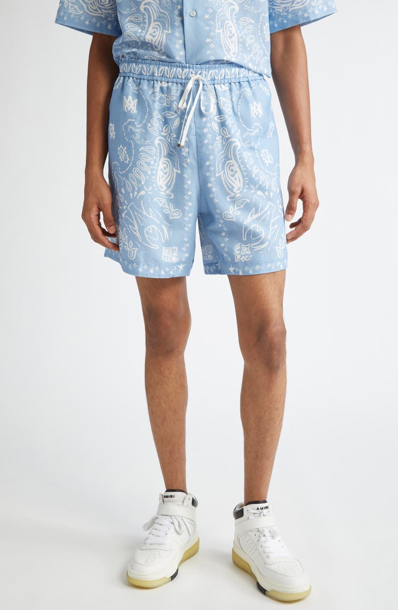 AMIRI Watercolor Bandana Linen & Cotton Shorts, Main, color, Cerulean