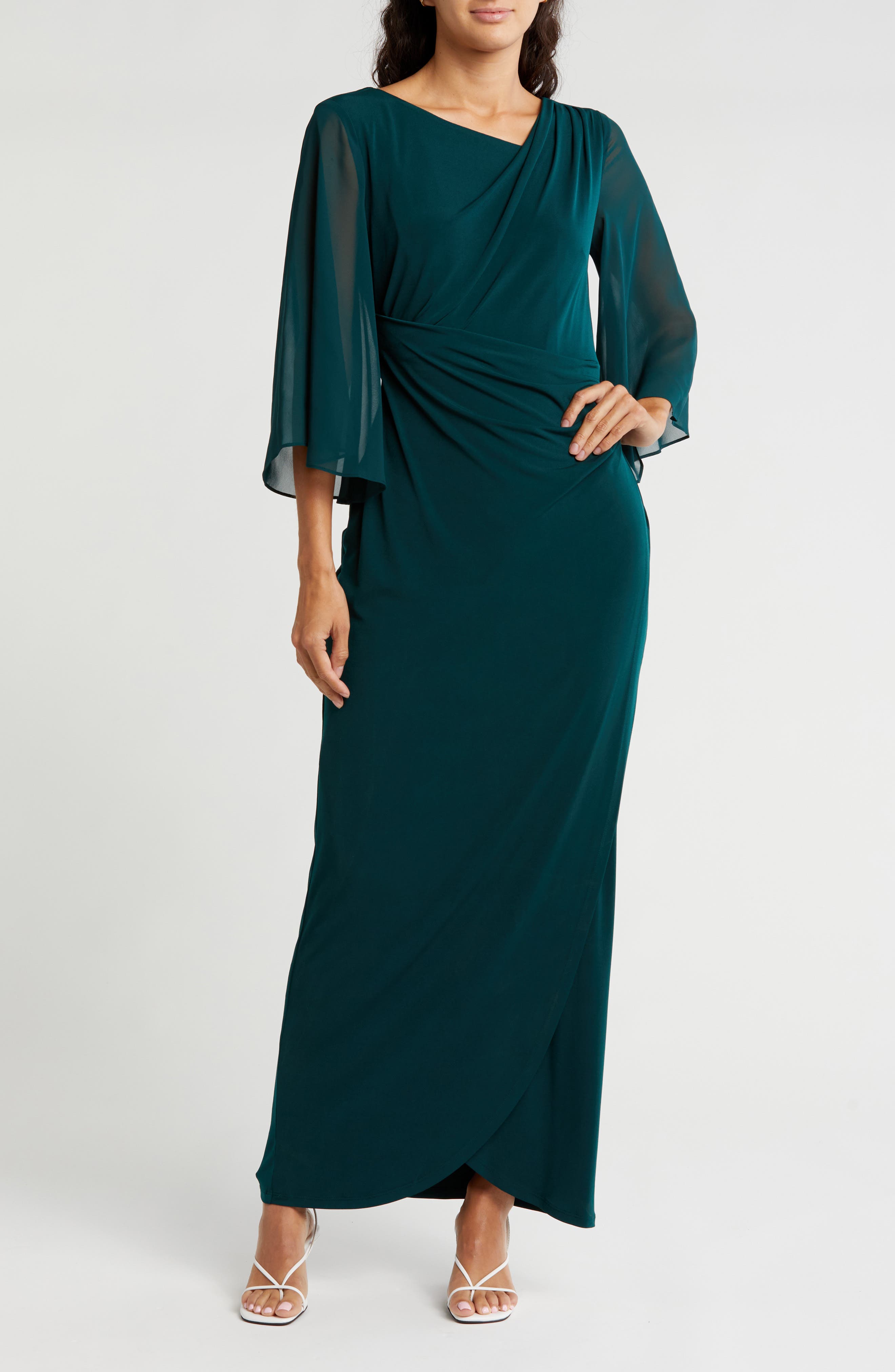 Connected Apparel Chiffon Cape Sleeve Side Ruched Gown