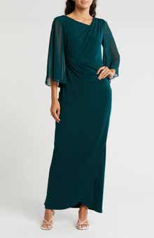 Connected Apparel Chiffon Cape Sleeve Side Ruched Gown