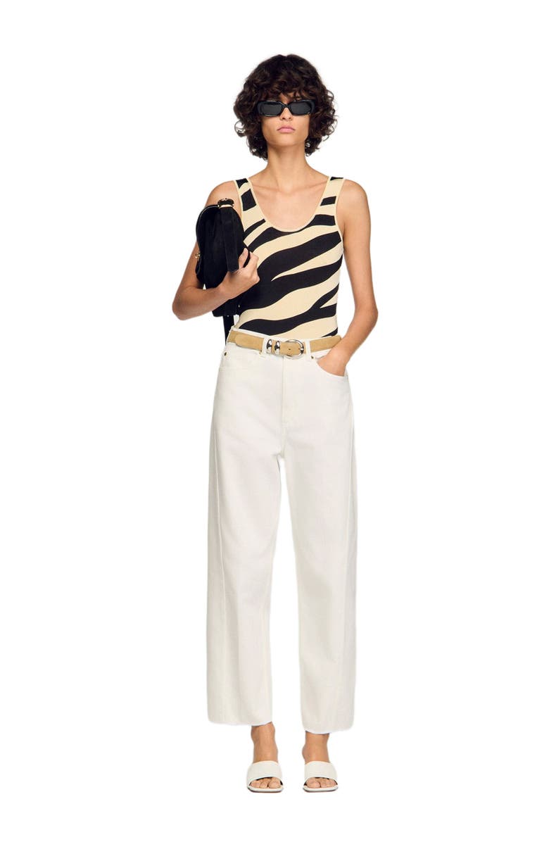 SANDRO Zebra-print knit bodysuit, Alternate, color, Ecru / Black