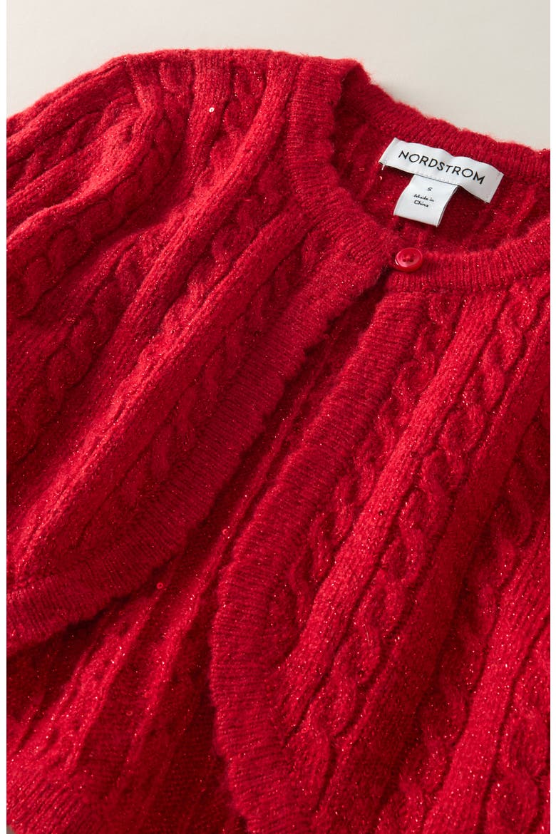 Kids' Sequin Cable Knit Cardigan, Alternate, color, RED SALSA