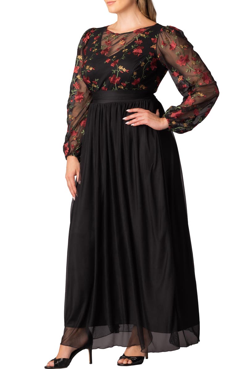 Kiyonna Floral Embroidered Long Sleeve Empire Waist Mesh Gown, Alternate, color, Floral Flare