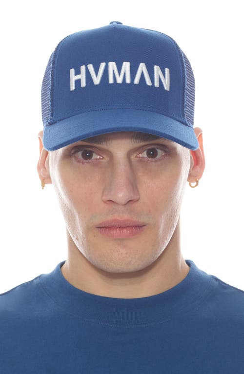 Hvman Logo Mesh Trucker Hat In Classic Blue