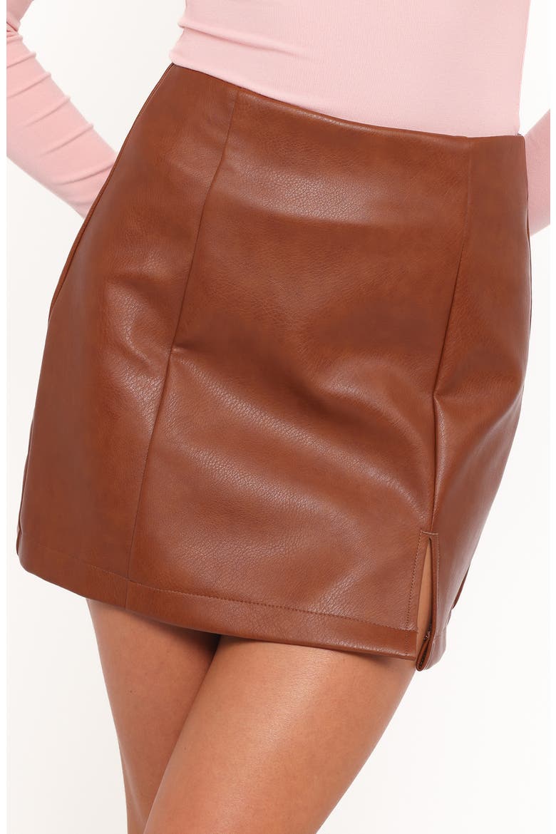Catania Faux Leather Miniskirt, Alternate, color, CAMEL BROWN