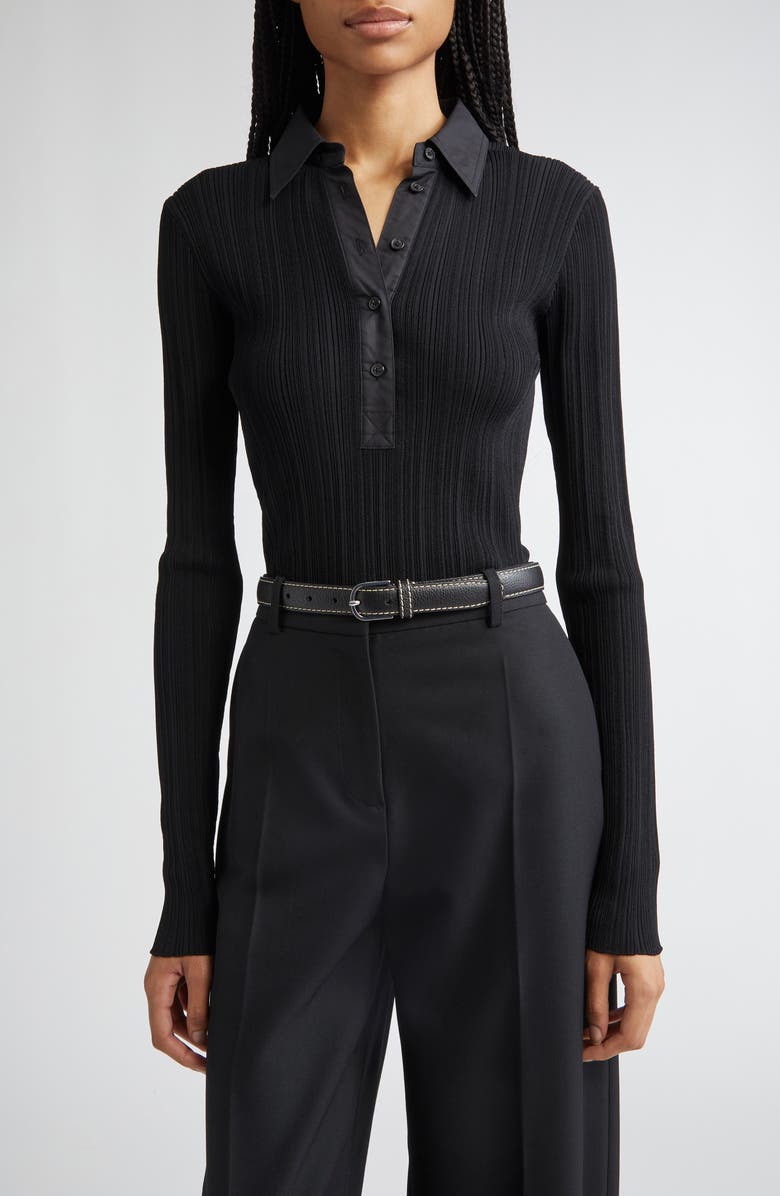 TOTEME Half Placket Long Sleeve Knit Polo, Main, color, Black