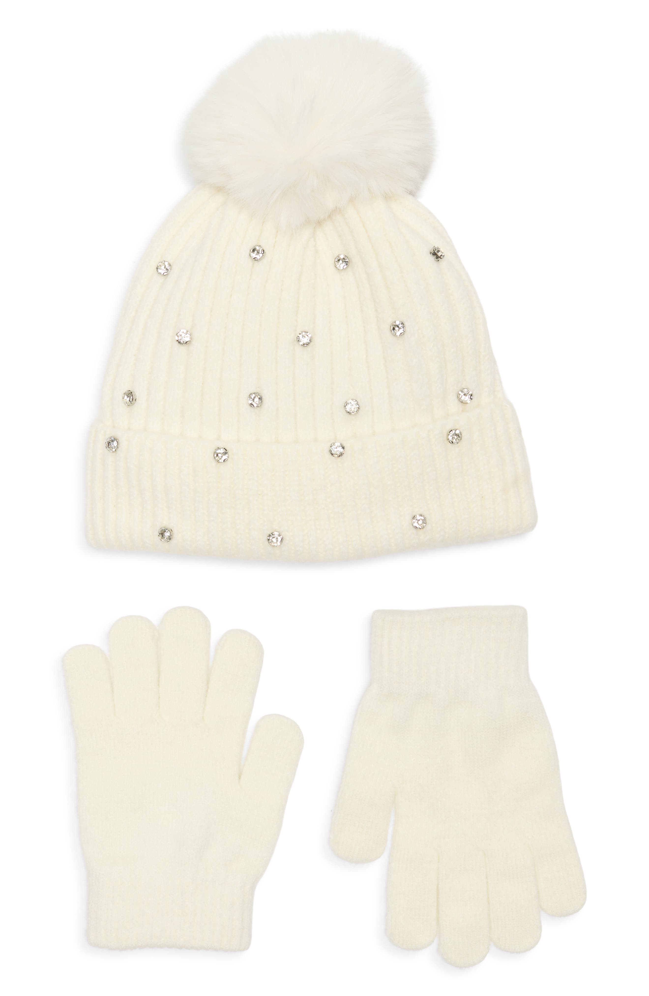 Capelli New York Kids' Crystal Embellished Rib Pompom Beanie & Gloves Set