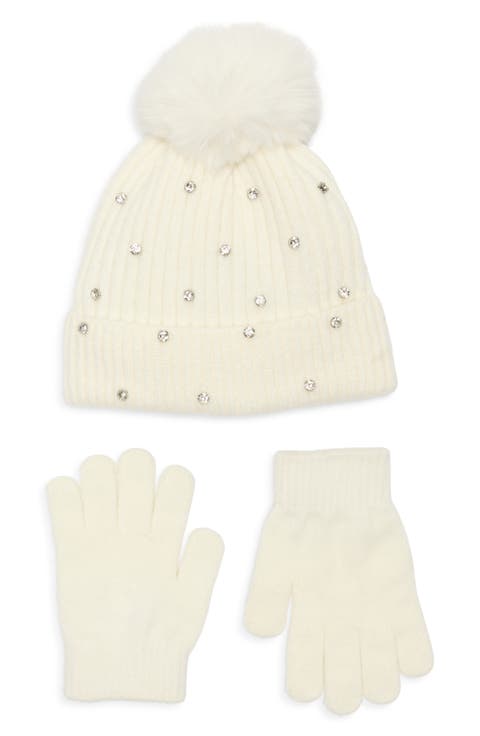 Kids' Crystal Embellished Rib Pompom Beanie & Gloves Set (Big Kid)