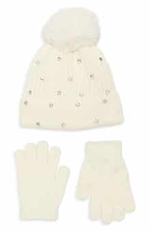 Capelli New York Kids' Crystal Embellished Rib Pompom Beanie & Gloves Set