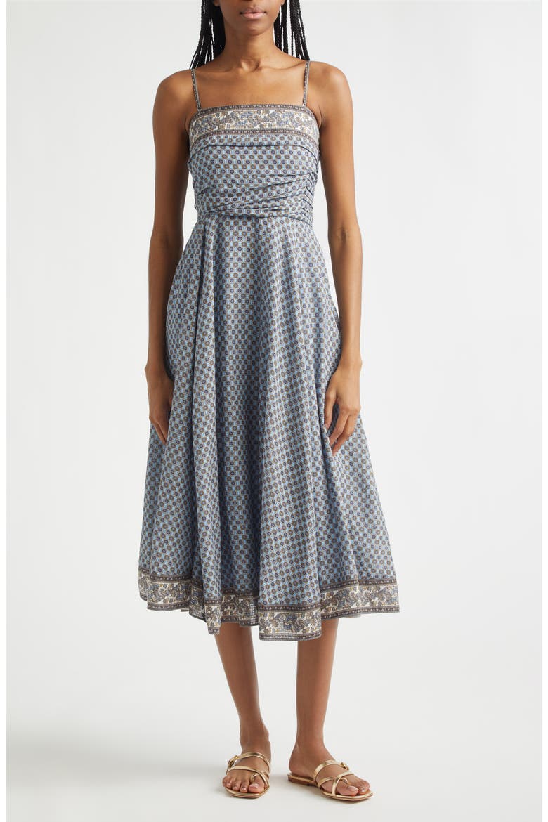 Lana Ruched Medallion & Paisley Print Midi Dress, Main, color, BLUE JAY MULTI