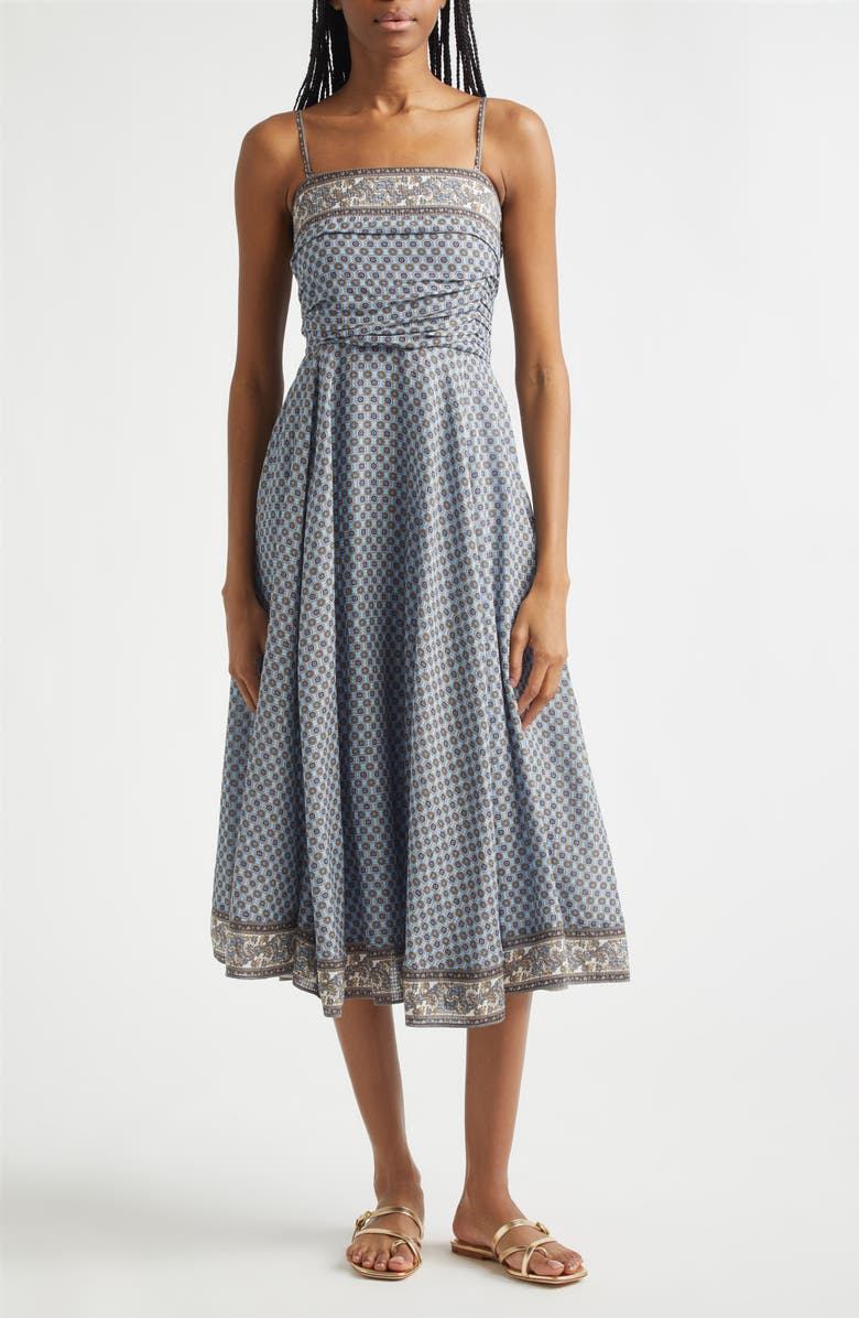 Veronica Beard Lana Ruched Medallion & Paisley Print Midi Dress, Main, color, Blue Jay Multi