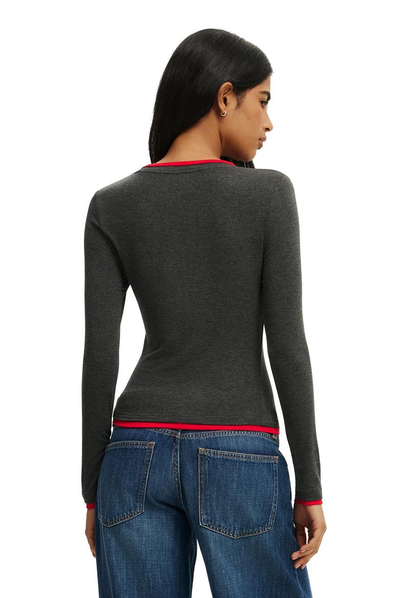 Women's Double Layer Long Sleeve, Alternate, color, Charcoal Marle Red Petal