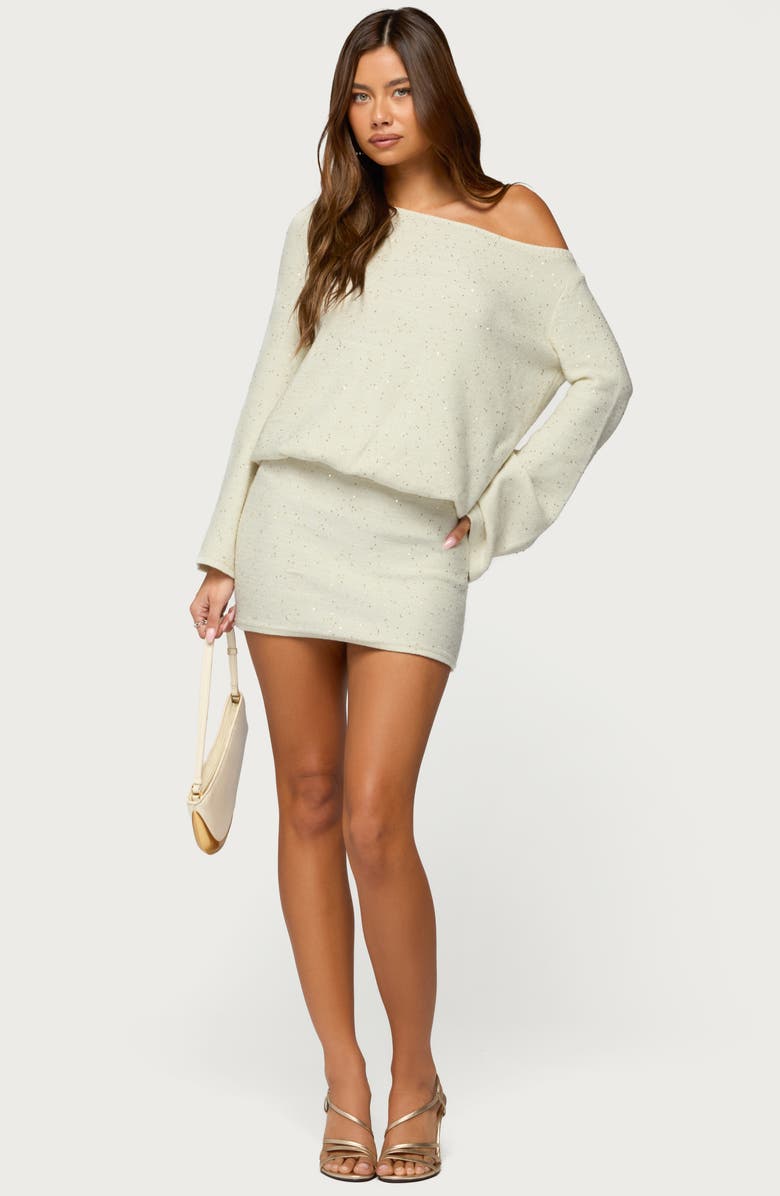 EDIKTED Sequin One-Shoulder Long Sleeve Knit Minidress, Alternate, color, Cream