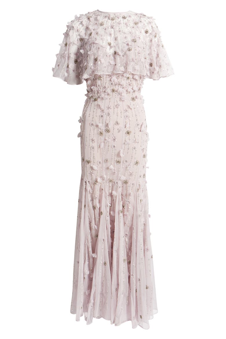 Women's Embellished Illusion Cape Sleeve Trumpet Gown, Alternate, color, VINTAGE LILAC