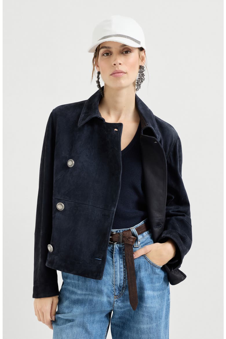 Couture suede cropped pea coat, Alternate, color, Blue