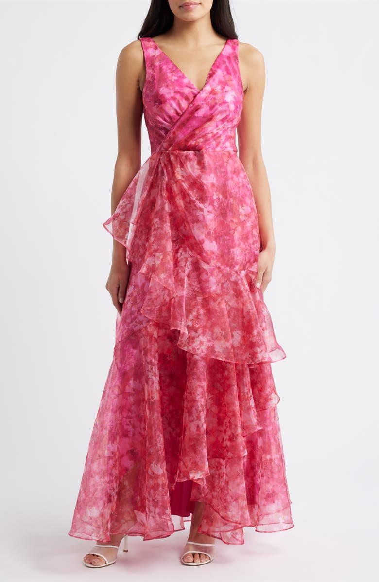 Eliza J Floral Ruffle Evening Gown, Main, color, Fuchsia