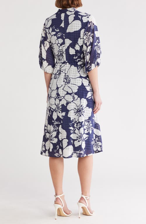 Sandra Darren Floral Gingham Balloon Sleeve Midi Dress In Navy/white