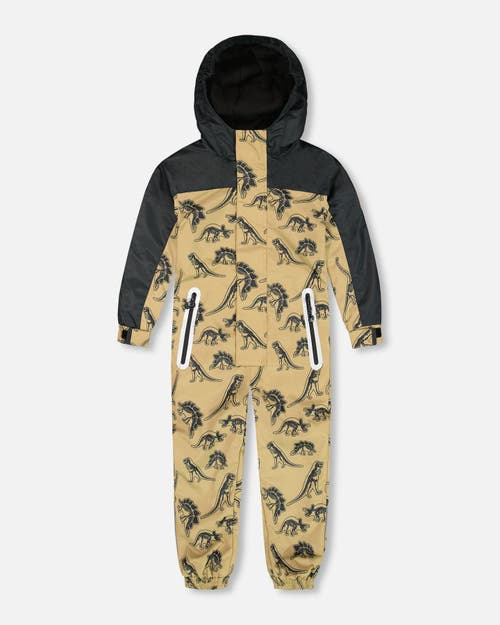 DEUX PAR DEUX DEUX PAR DEUX LITTLE BOY'S PRINTED MID-SEASON ONE-PIECE OUTERWEAR BLACK DINOSAUR ON BEIGE BACKGROUND