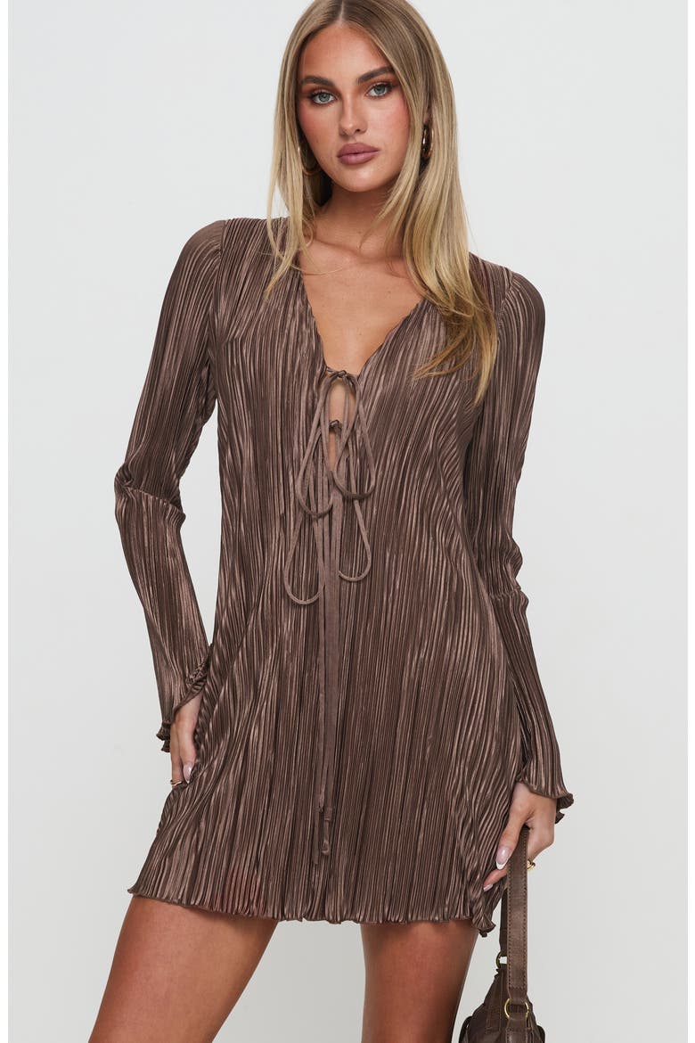 Malop Long Sleeve Plissé Minidress, Alternate, color, BROWN