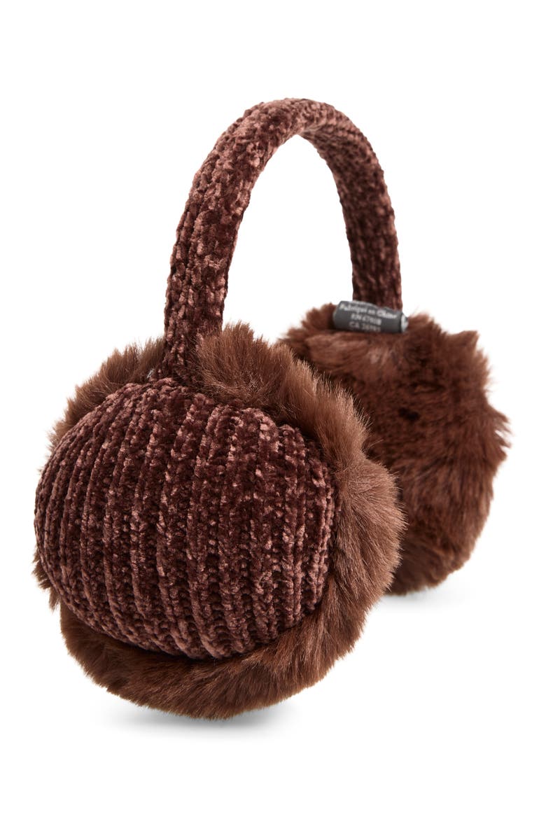 Chenille & Faux Fur Earmuffs, Main, color, CHOCOLATE