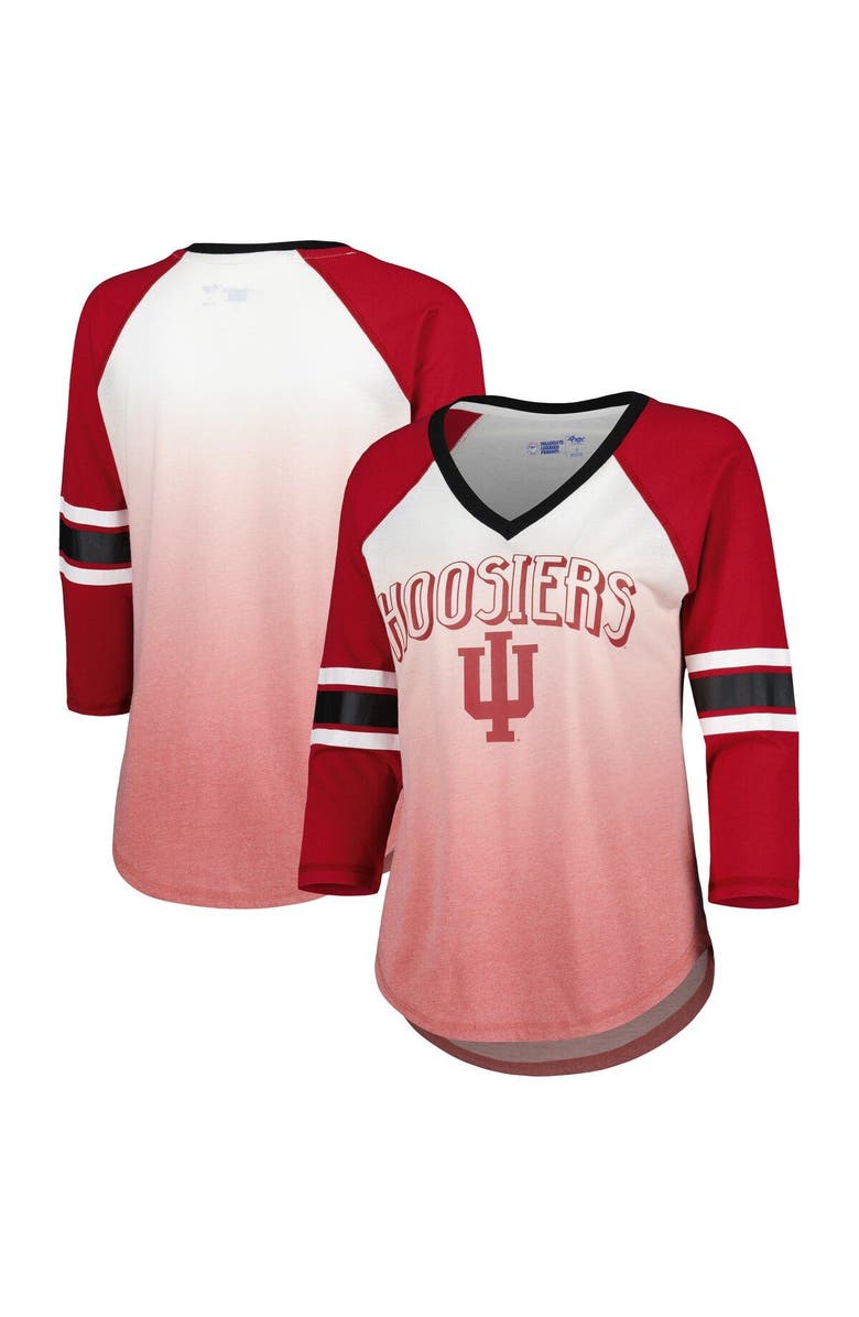 G-III 4HER BY CARL BANKS Women's G-III 4Her by Carl Banks White/Crimson Indiana Hoosiers Lead Off Ombre Raglan 3/4-Sleeve V-Neck T-Shirt, Main, color,