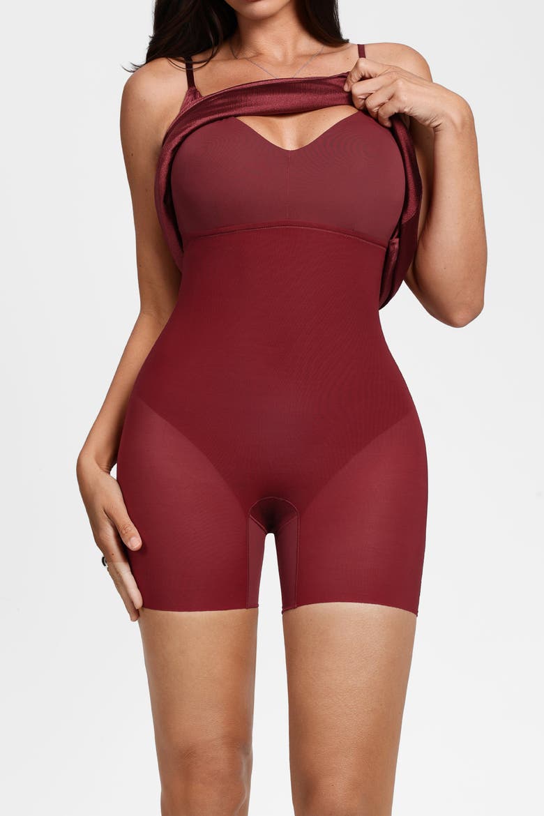 Built In Shapewear Glitter Spaghetti Strap Slit Maxi Dress, Alternate, color, Ruby