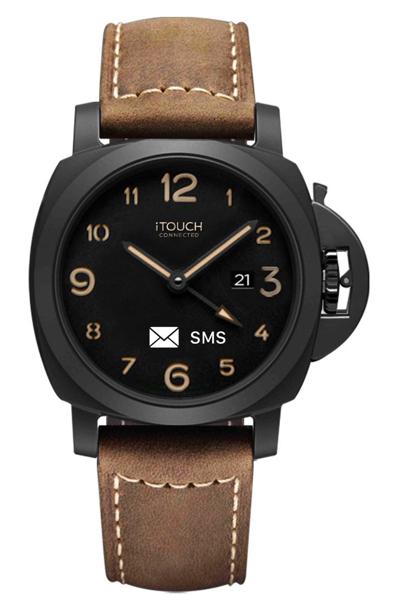 I TOUCH Men's iTouch Connected Hybrid Smartwatch Fitness Tracker: Black Case with Brown Leather Strap, 42mm, Main, color, 