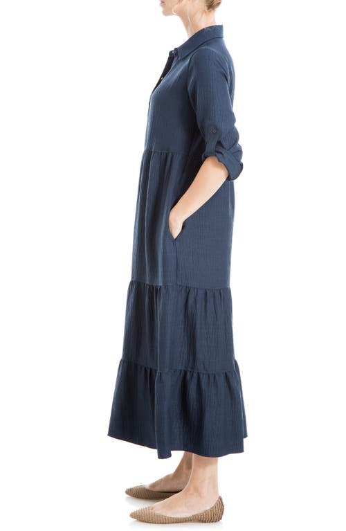 Max Studio London Tiered Long Sleeve Gauze Shirtdress In Heather Navy