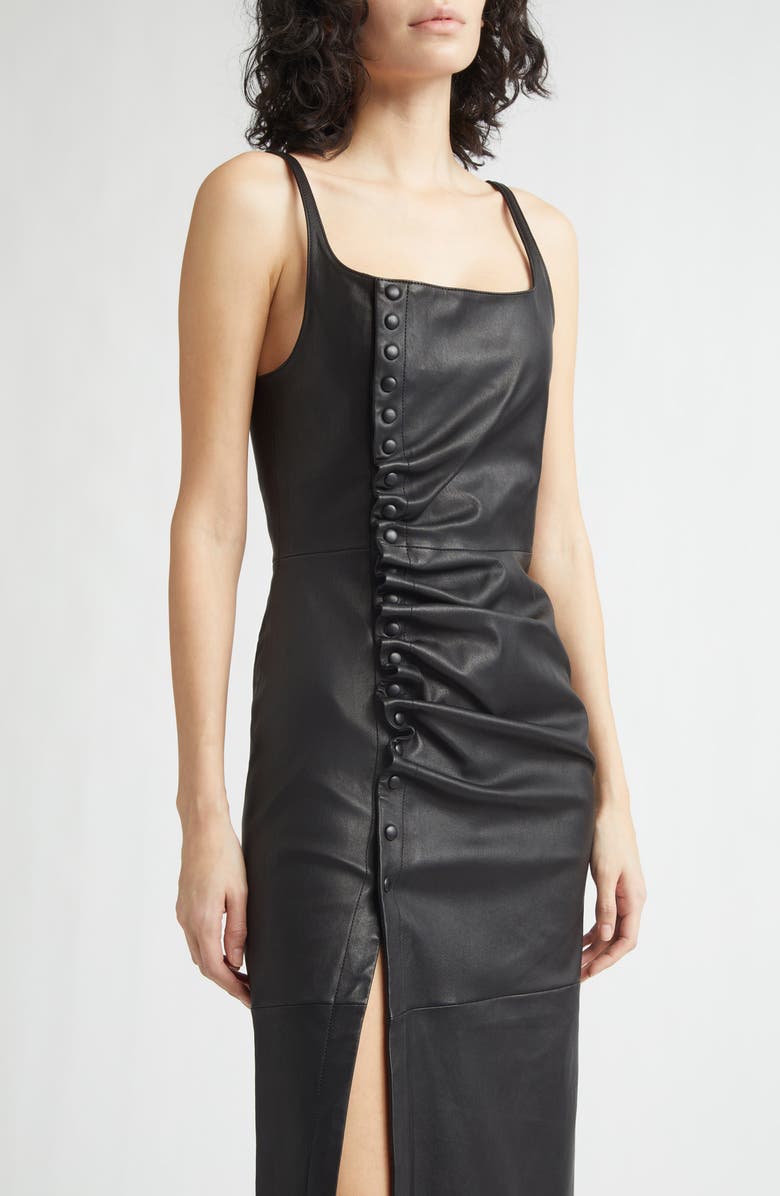 Rabanne Drappé Pression Asymmetric Lambskin Leather Midi Dress, Alternate, color, Black