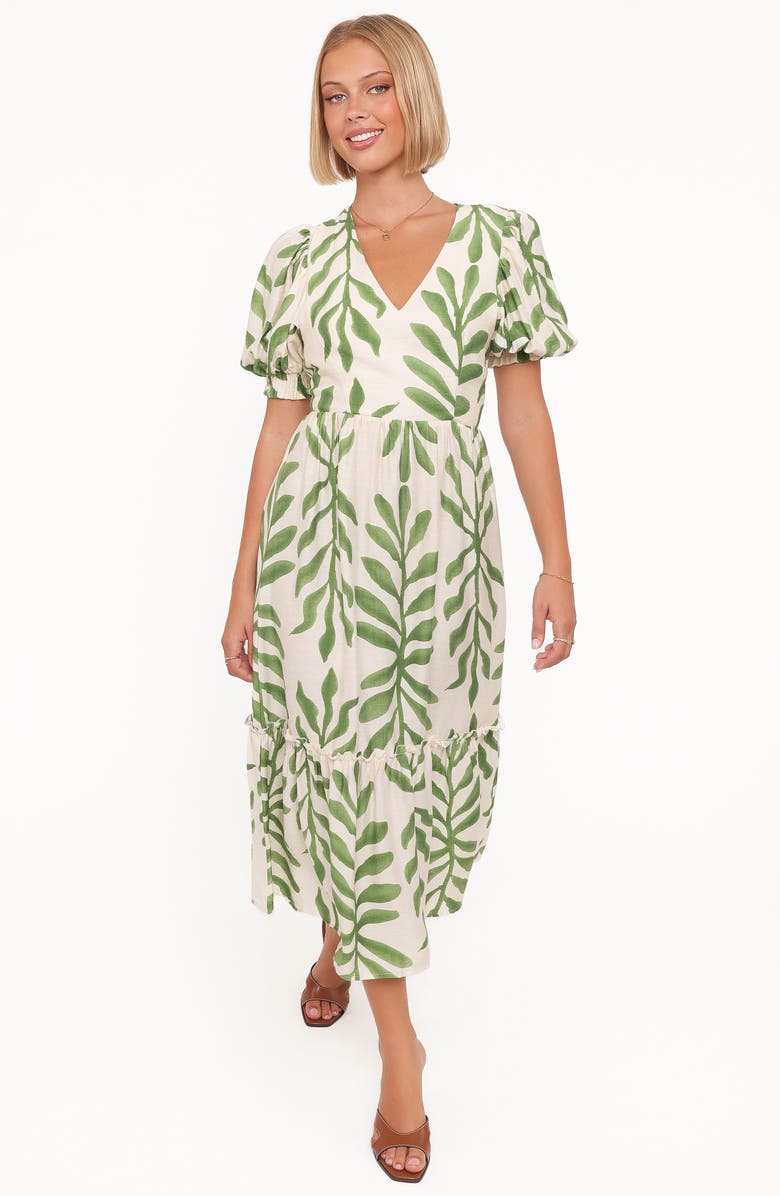 Petal & Pup Steele Puff Sleeve Tiered Midi Dress, Alternate, color, Green Palm