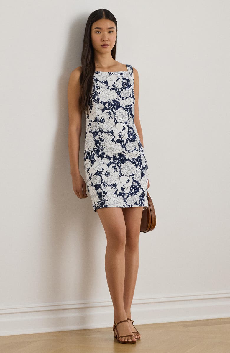 Lauren Ralph Lauren Richette Floral Linen Minidress, Alternate, color, White / Navy Blue
