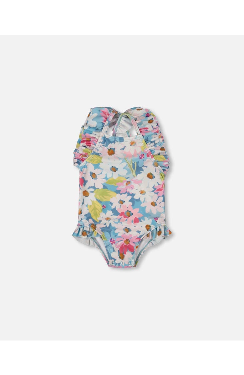 Deux par Deux Little Girl's Printed One-Piece Swimsuit With Frills White, Pink, And Green Flowers, Main, color, White, Pink, And Green Flowers