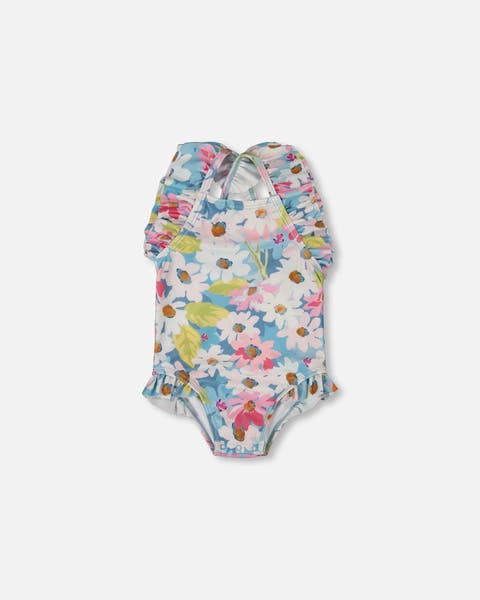 Little Girl's Printed One-Piece Swimsuit With Frills White, Pink, And Green Flowers