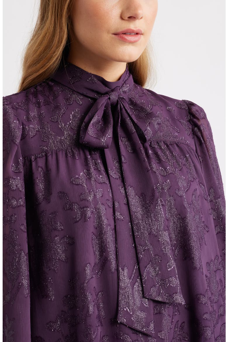 Metallic Floral Jacquard Long Sleeve Shift Minidress, Alternate, color, PURPLE BRAMBLE