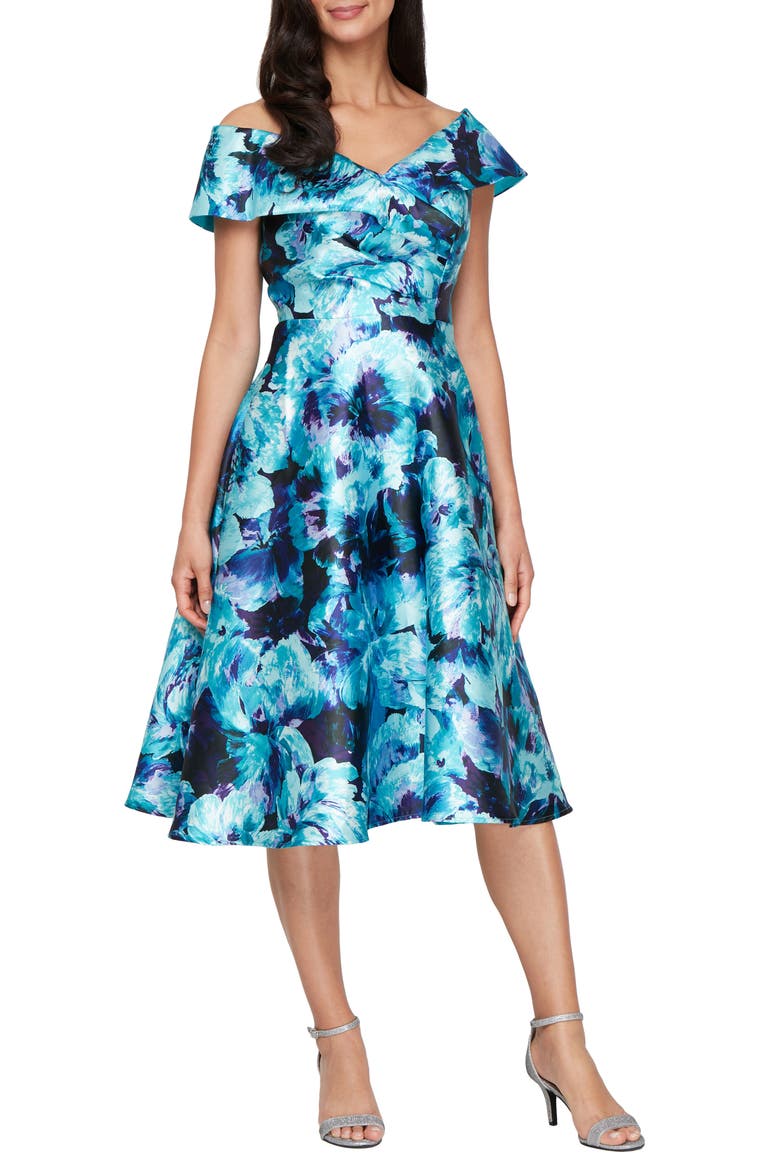 Printed Mikado Cocktail Dress, Main, color, AQUA MULTI