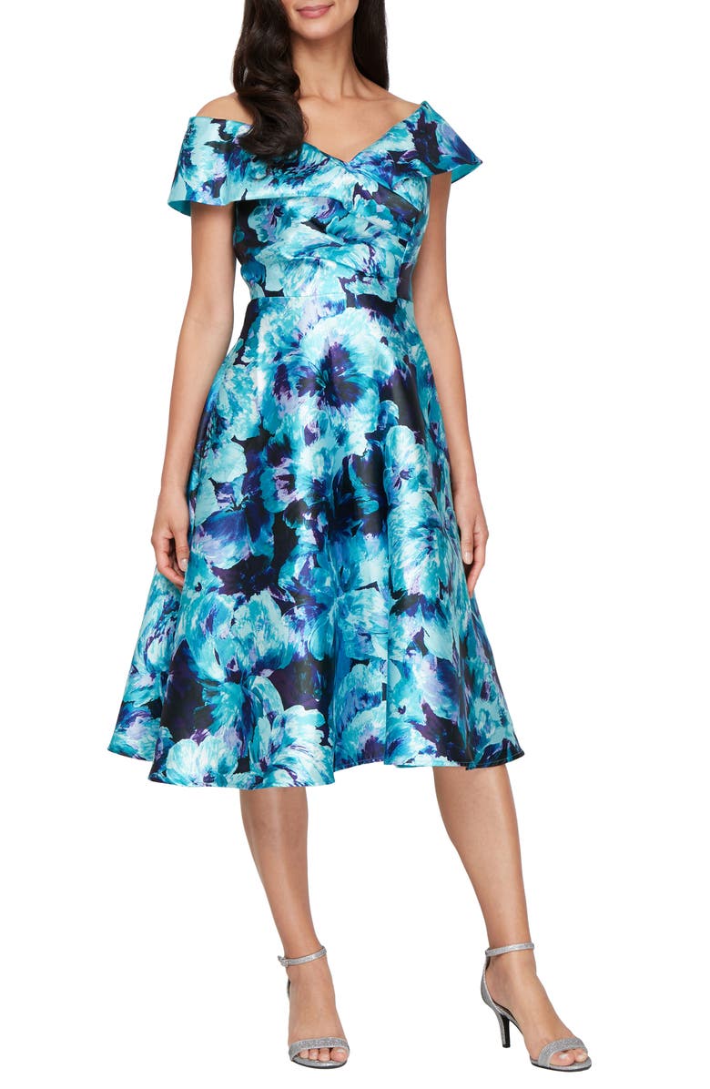 Alex Evenings Printed Mikado Cocktail Dress, Main, color, Aqua Multi