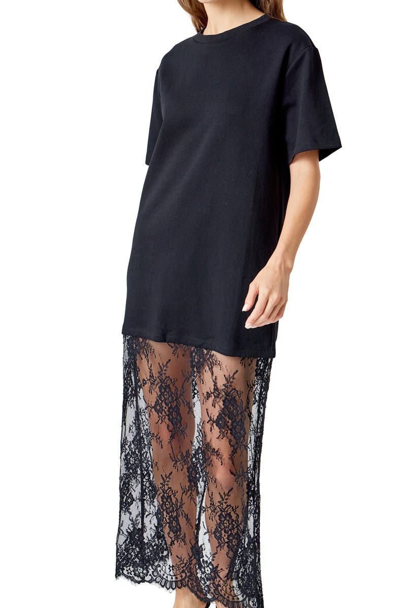 Endless Rose Mixed Media Cotton Knit & Lace T-Shirt Dress, Alternate, color, Black