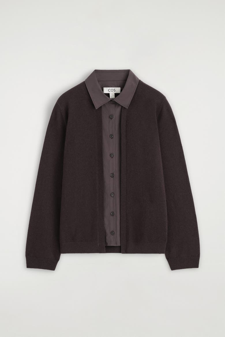 Shirt-Detail Merino Wool Cardigan, Alternate, color, BROWN