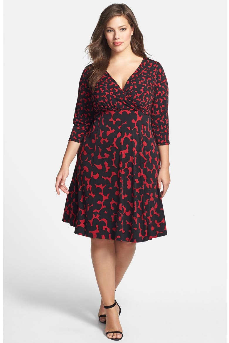 Print V-Neck Fit & Flare Dress, Main, color, RED/ BLACK