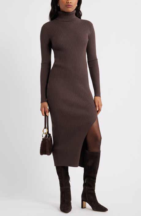 Open Edit Rib Long Sleeve Turtleneck Sweater Dress