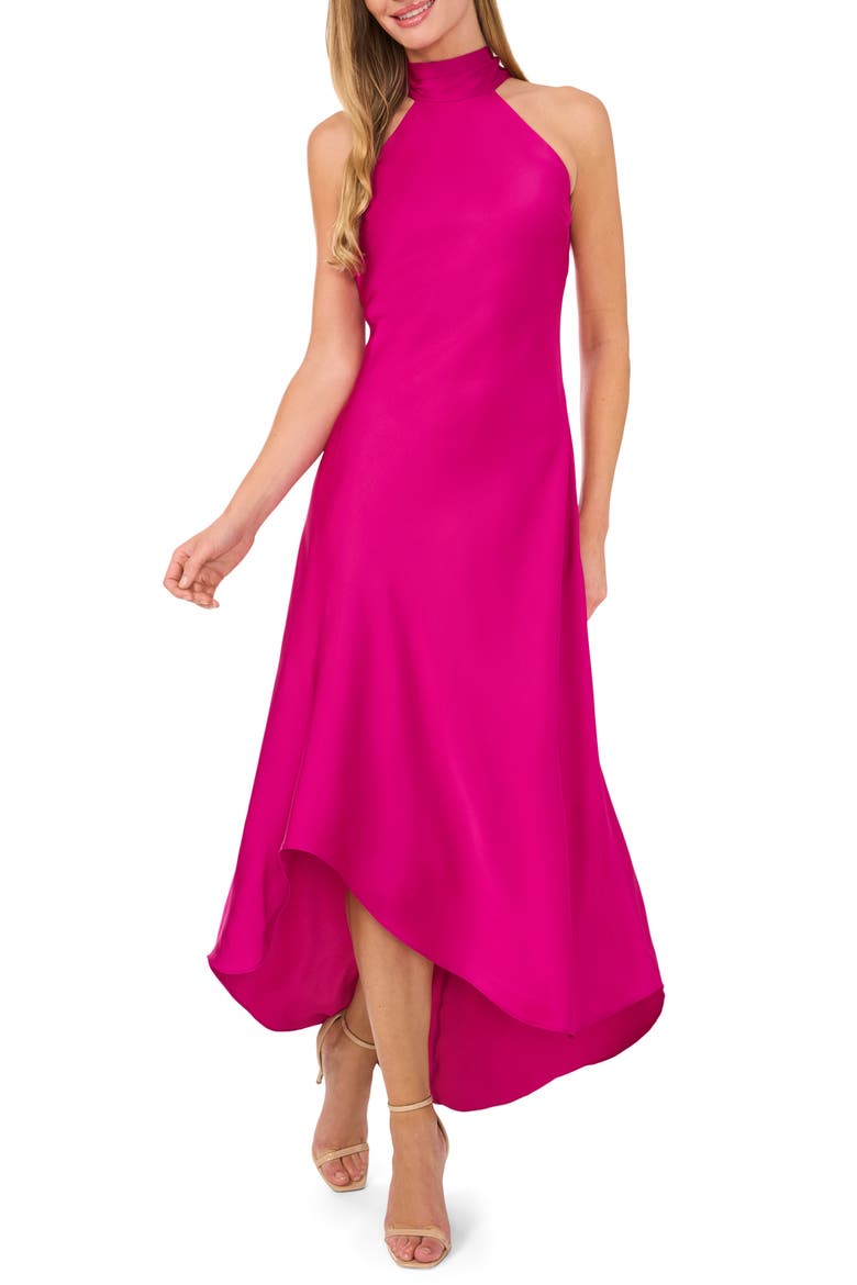 Tie Back Sleeveless High/Low Satin Gown, Main, color, LUSH MAGENTA