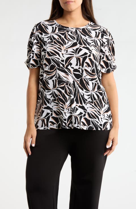 Print Pleat Short Sleeve Top (Plus)